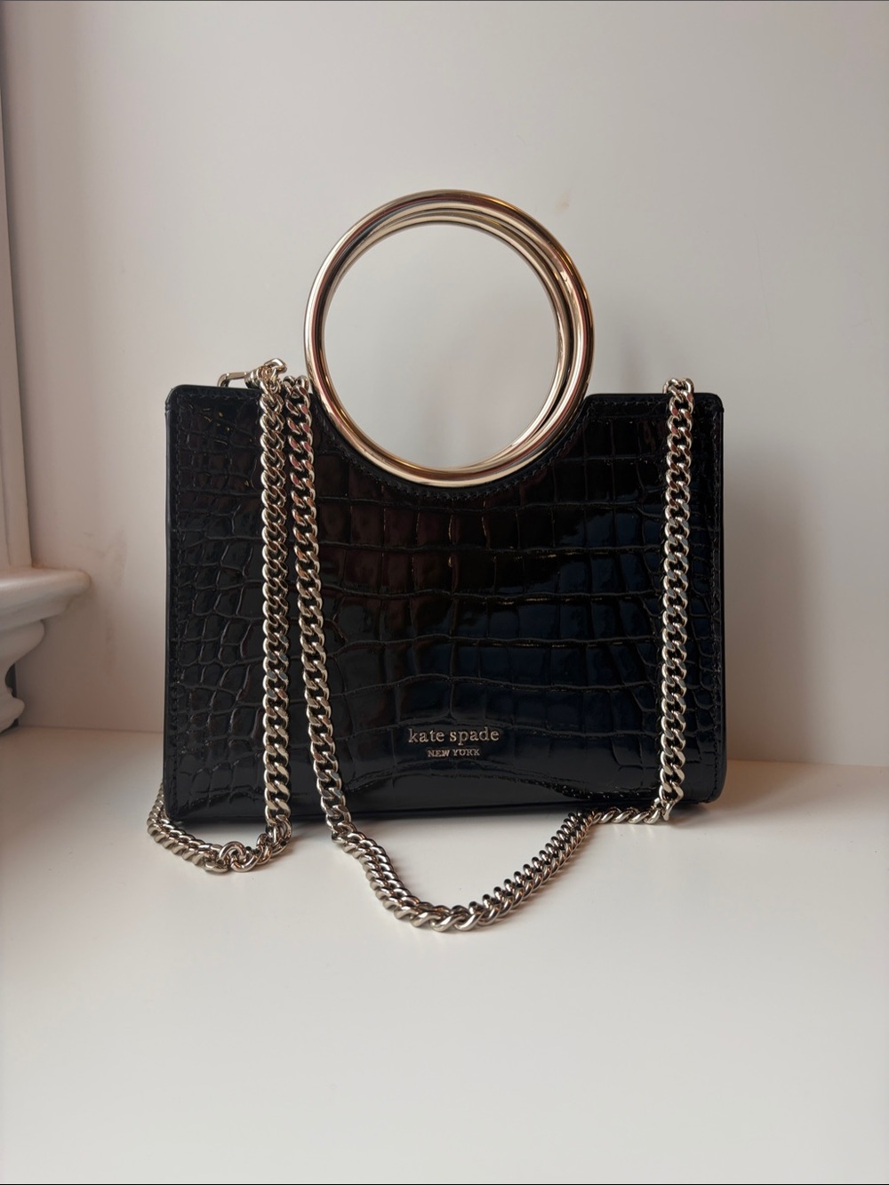 kate spade Black Croc-Embossed Mini Ring-Handle Bag with Pale Gold Chain